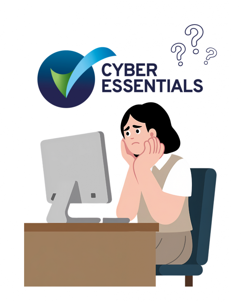 Cartoon image of a woman looking at a computer with a worried, confused expression. The Cyber Essentials logo features on top of the screen. Image refers to Cyber Essentials Assessments offered for law firms by Keep This Number